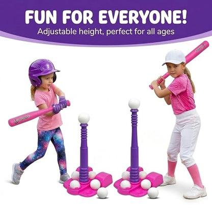 TOMLEON T Ball Stand for Girls 3-5, 5-8. Baseball Set Includes 6 Large Balls, an Adjustable Tball Batting Tee, and a Storage Net. Kids Bat and Ball, T-Ball Sets for Kids