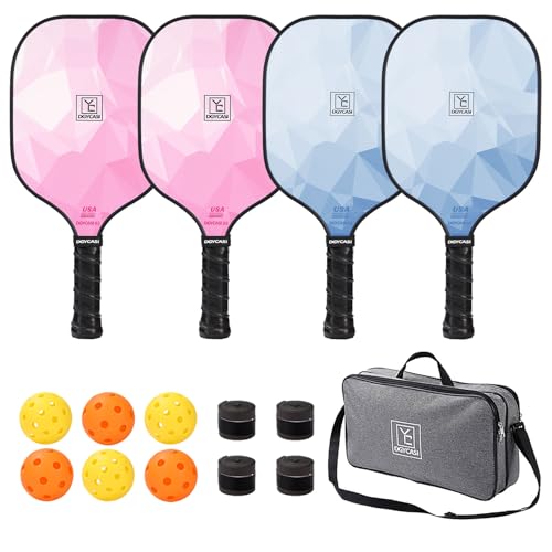 YC DGYCASI Pickleball Paddles Set of 4, USAPA Approved Pickleball Set, Fiberglass Pickle Ball Rackets, 3 Outdoor Pickleball, 3 Indoor Pickleball Balls, 4 Pickleball Overgrip, 1 Pickleball Bag - color: Pink