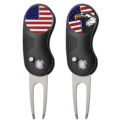 FINGER TEN Golf Divot Repair Tool and Ball Marker Switchblade Value Pack, Foldable Magnetic Stainless Steel with Pop-up Button for Men Women - color: C: 2 in Black