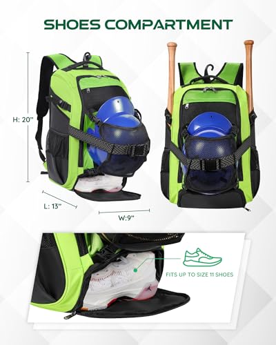 Large Baseball Backpack for Adult Youth 42L Softball Bat Bag with Detachable Adjustable Helmet Mesh Pocket Fit Basketball Soccer Volleyball Baseball Equipment Bag for Men Women 12+ Boys Girls - color: Green