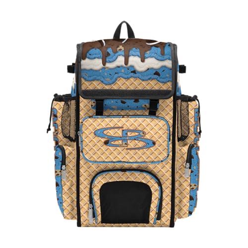 Boombah Superpack Bat Bag - Backpack Version (no wheels) - Holds 4 Bats - Ice Cream Monster Cookie Gold/Columbia Blue/Brown