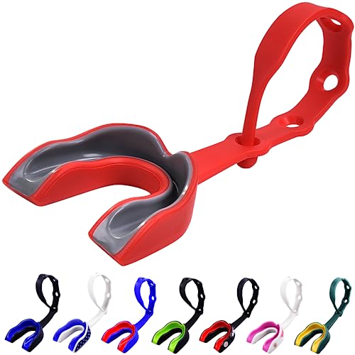 Oral Mart Strapped Mouth Guard for Football, Lacrosse, Ice Hockey, Taekwondo (USA Flag, Fangs, 15+ Colors to Choose from) - Sports Mouthguard with Fixed Strap (Strapped, Youth or Adult) - color: Red / Gray, size: Youth (Age 12 & Below)