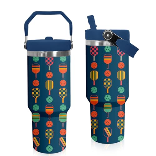 30 oz Tumbler with Handle Flip Straw Leak Proof - Pickleball Mug 30oz Tumbler Travel Coffee Mug with Handle - Birthday Gifts for Women Men Pickleball Lovers Players 30 Ounce Stainless Steel Cup - color: Pickleball Blue