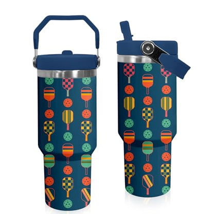 30 oz Tumbler with Handle Flip Straw Leak Proof - Pickleball Mug 30oz Tumbler Travel Coffee Mug with Handle - Birthday Gifts for Women Men Pickleball Lovers Players 30 Ounce Stainless Steel Cup - color: Pickleball Blue