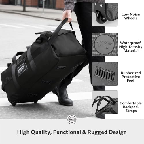STOVER 45/80/100L Rolling Duffel Bag with Wheels, X-Large Durable Travel Duffle + Toiletry Bag, Heavy Duty, Packable with Shoulder Straps- Use as Luggage or Backpack, Men/Women (Black) - color: Black
