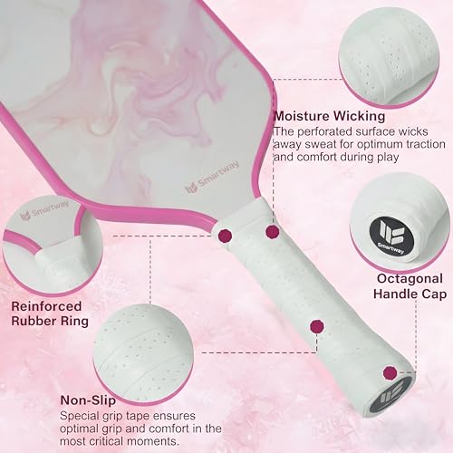 Smartway USAPA Approved Pickleball Paddles Set - Included 2 Lightweight & Slip Resistant Fiberglass Pickle Ball Rackets + 4 Balls + 1 Portable Carry Bag, Pickle Ball Set for Men Women Beginners - color: Blush Flow