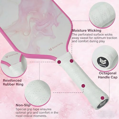 Smartway USAPA Approved Pickleball Paddles Set - Included 2 Lightweight & Slip Resistant Fiberglass Pickle Ball Rackets + 4 Balls + 1 Portable Carry Bag, Pickle Ball Set for Men Women Beginners - color: Blush Flow