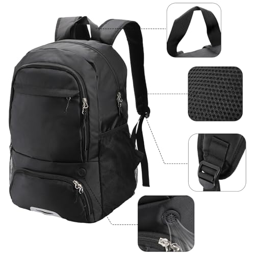 Basketball Backpack, Large Soccer Bag with Separate Ball Holder Shoe Compartment, Black Sport Bag for Basketball, Soccer, Football, Volleyball, Gym, Training, Travel