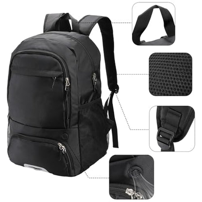 Basketball Backpack, Large Soccer Bag with Separate Ball Holder Shoe Compartment, Black Sport Bag for Basketball, Soccer, Football, Volleyball, Gym, Training, Travel