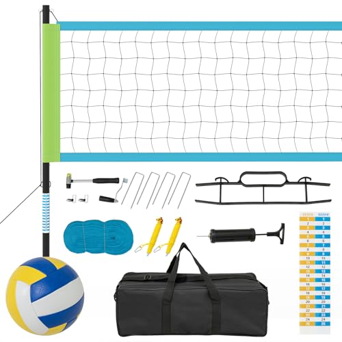 GYMAX Volleyball Net, Portable Volleyball Set with Adjustable Poles & Anti-Sag Design, Includes Beach Stakes, Scoreboard, Boundary Line and Carry Bag for Outdoor Backyard Beach Grass - color: Blue