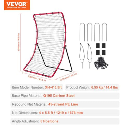 VEVOR Baseball and Softball Rebounder Net, PitchBack Baseball Pitching Net, Volleyball Pitch Return Trainer Rebound Net with Pitching Target, All Angle Fielding Rebound Net for Grounders Pop Flies - style: 4X5.5FT