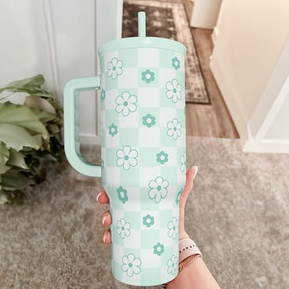 SANDJEST 40oz Daisy Flower Tumbler with Handle and Straw - Insulated Stainless Steel Coffee Travel Mug for Women Girls, Floral Gift Idea for Birthday Christmas - color: Checker Daisy