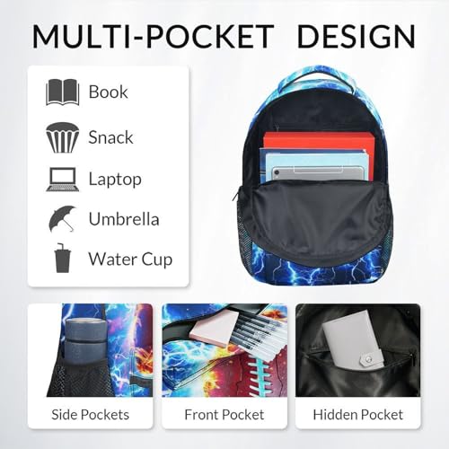 Boys Backpack for Kids, Football School Bookbag for Child Elementary Middle Students - Water Resistant Teens Schoolbag with Lightning Print (17 Inch) - color: Red
