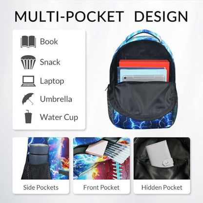 Boys Backpack for Kids, Football School Bookbag for Child Elementary Middle Students - Water Resistant Teens Schoolbag with Lightning Print (17 Inch) - color: Red