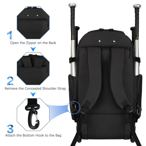 Rolling Baseball Bag with Wheels, 60L Capacity Wheeled Softball bag with Shoe Compartment for Youth & Adult, Bat bag with Hidden Straps,Fence Hook,Holds 4 Bat, Helmet, Glove - color: Black