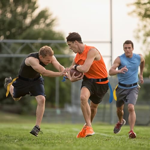 Flag Football Belts, Flag Football Set for Adults Kids and Youth, Flag Football Flags for Players Training Competition - color: Yellow and Blue,30 Flags,10 Players