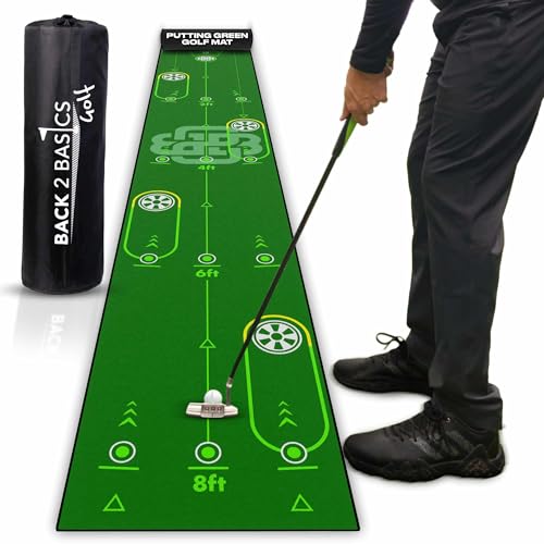 BACK 2 BASICS Golf Portable Putting Green Indoor Golf Putting Mat 10ft, Alignment Aid Trainer for Practice Indoor and Outdoor, Home or Office Compact Roll Target Gate Precision Control Tool