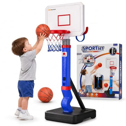 Toddler Basketball Hoop with Ring Toss, Height Adjustable Indoor & Poolside Outdoor Kids Basketball Hoop Set with Mini Balls, Rings, Pump, & Stable Base Game Sport Toys for Boys & Girls Age 1-5