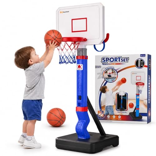 Toddler Basketball Hoop with Ring Toss, Height Adjustable Indoor & Poolside Outdoor Kids Basketball Hoop Set with Mini Balls, Rings, Pump, & Stable Base Game Sport Toys for Boys & Girls Age 1-5