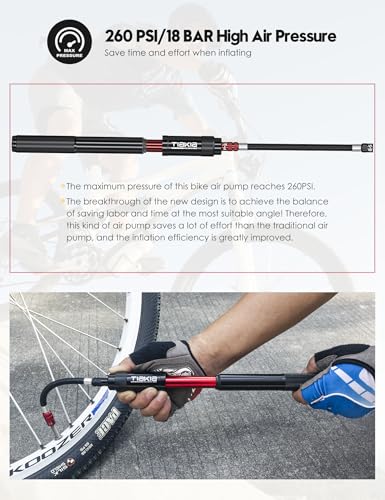 Tiakia Mini Bike Pump, Portable Bicycle Pump with Bracket, 260PSI High Pressure Frame Pump Air Hand Pump Fit Presta, Schrader & Woods Valves, Aluminum Alloy Tire Pump for Road/Mountain Bikes, Balls