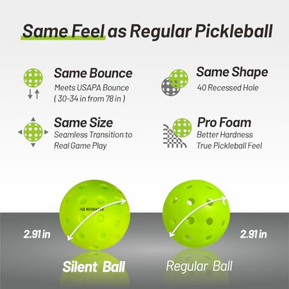Silent Pickleball Balls - Quiet Practice for Indoor & Outdoor | Pro Foam, 40 Holes | Real Feel Like Traditional Pickleballs | USAPA Standard Bounce | 4-Pack + Bonus Mesh Bag - color: Green