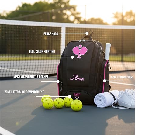 Personalized Pickleball Bag - Large Pickle Ball Backpack with Shoe Compartment, Fence Hook, Paddle Holder - Gifts for Men & Women