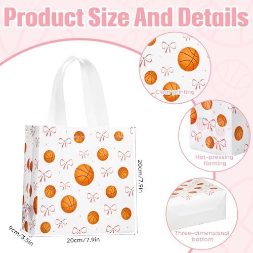 Sweetude 24 Pcs Basketball Gift Bags Bulk with Handle Pink Bow Tote Non Woven Sport Party Favor Gift Bag 7.9 x 7.9 Inch Party Favor Treat Candy Bag Supply for Birthday Team Snack (Basketball Classic)