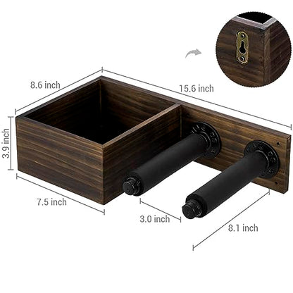 MyGift Wall Mounted Tennis Equipment Organizer Rack, Ping Pong Paddle Holder, Rustic Burnt Solid Wood Ball Storage Bin Basket and Industrial Black Metal Pipe Racket Hanging Holder