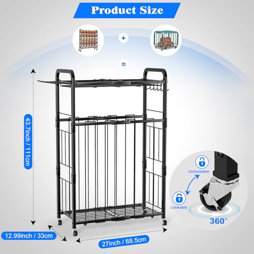 Garage Ball Storage Rack - Sports Equipment Organizer with Wheels, Rolling Sports Ball Cart with Elastic Rope, Outdoor Ball Holder for Basketball Soccer Volleyball Football, Garage Toy Storage