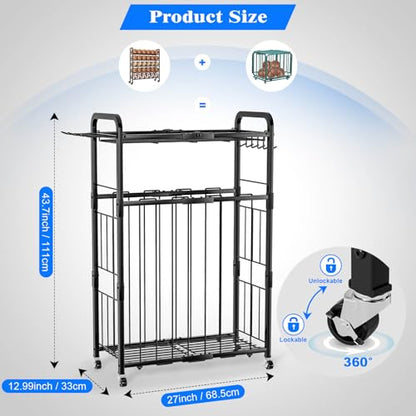 Garage Ball Storage Rack - Sports Equipment Organizer with Wheels, Rolling Sports Ball Cart with Elastic Rope, Outdoor Ball Holder for Basketball Soccer Volleyball Football, Garage Toy Storage