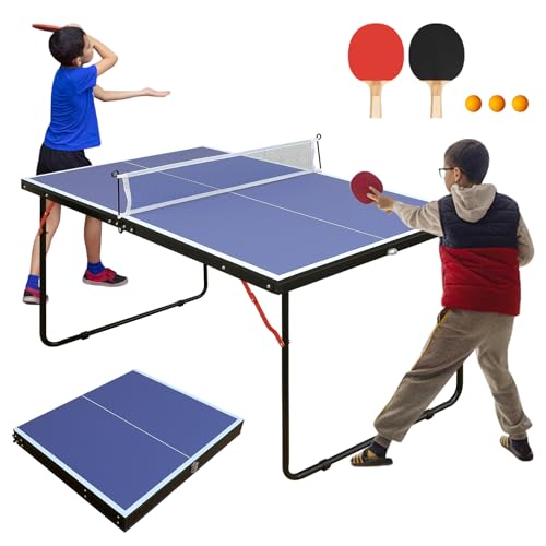 4.5/6ft/9ft Mid-Size Portable Ping Pong Tables Set, Foldable Table Tennis Table with Net,2 Paddles & 3 Balls, Multi-Use Free Standing Ping Pong Table for Indoor/Outdoor - color: Blue, size: 4.5FT