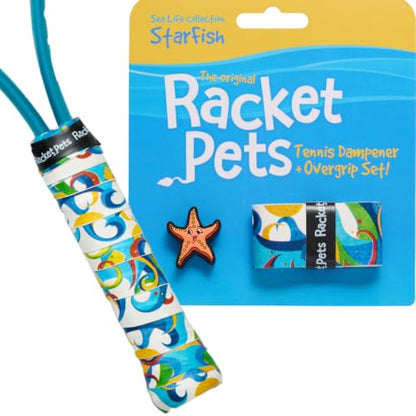 Racket Pets Kids Tennis Racket Dampener & Matching Overgrip Tape, Performance Shock Absorbing Dampener for Tennis Racket & Fun Animal Print Tennis Wrap Grip Tape - style: Starfish