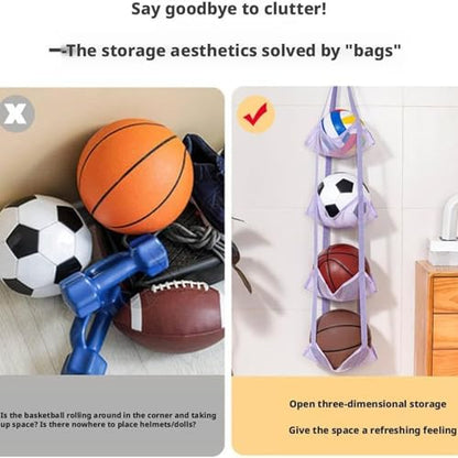 Basketball Holder Bag, Space-Saving Design, 83x33x33cm, 3 Tier Over The Door Ball Holder Bag, Soccer Equipment Organizer Bags, Quick Access Design, for Volleyball Football Gym - color: Aqua Violet