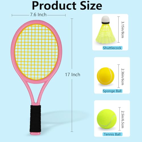 Kids Tennis Racket 17 Inch Lightweight for Junior Toddlers - Includes 2 Tennis Balls, 2 Sponge Balls, 4 Shuttlecocks & Carry Bag - color: Blue & Pink
