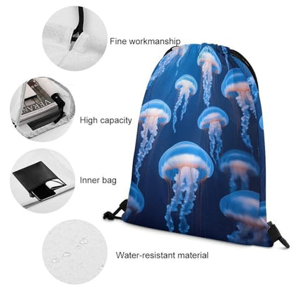 Lightweight Drawstring Sackpack Sports Backpack Waterproof for Gym Travel Hiking Men Women Durable Polyester, Under Sea Ocean Jellyfish Blue Bags - color: Picture (1020)