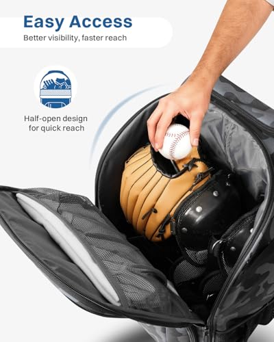 AUROTIER Rolling Baseball Bag with Wheels, Large All-Terrain Wheeled Softball Bag Holds 4 Bats, Water-Resistant Baseball Roller Backpack with Shoe Compartment and Fence Hooks for Players and Coaches - color: Black Camo