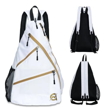 A11N SPORTS Pickleball Bag, Reversible Crossbody Sling Bag/Backpack for Women Men - color: White& Gold