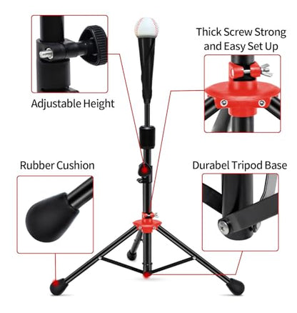 FDLS Baseball Batting tee for Adults and Youth Teens, Portable Tripod Stand Base Tee Easy Adjustable Height 26 to 39 inches for Hitting Training Practice, with 2 Rubber Tops & Carrying Bag