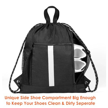 BeeGreen Mix-Black-Drawstring-Backpack-Bag, Large String Sack with Shoe Compartment and Two Side Mesh Pockets Lightweight Sturdy For Gym - color: Mix Black, style: Drawstring With Shoe Compartment