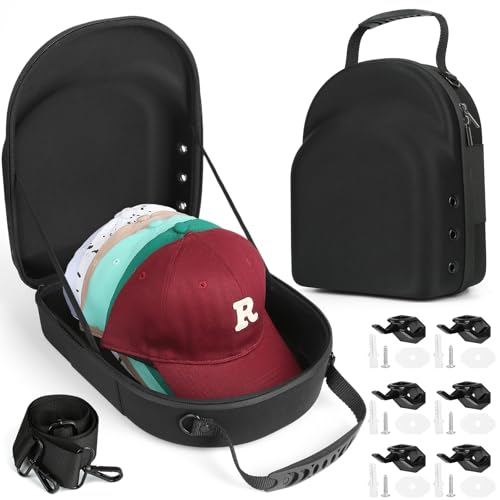 GERMUN Hard Baseball Hat Case with 6pcs Hat Hooks, Hat Carrier Travel Case with Adjustable Shoulder Strap, Hat Cap Case for 6 Baseball Caps - Perfect for Traveling (Black) - color: Black 1