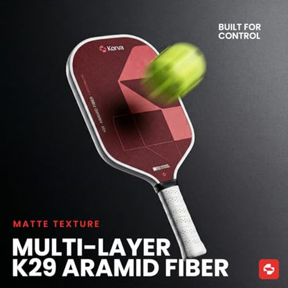 Korva Pickleball Paddle | 16mm Aramid Fiber Face, Elongated Shape, Polypropylene Honeycomb Core | Pickle Ball Paddle for Power, Spin & Control | Lightweight Performance Paddle, Red