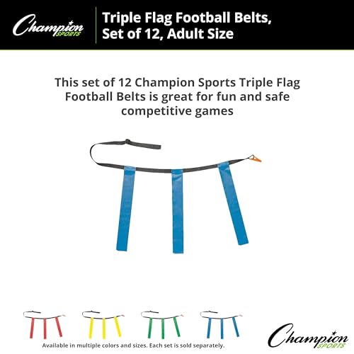 Champion Sports Quick Release Flag Football Set – Durable Belt, 3 Detachable Flags & Adjustable Fit (25”-50”) - color: Blue Flags, size: X-Large (40"-50")