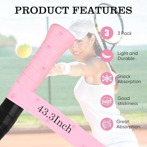 Tennis Racket Grip Tape, Ultra Thin Tacky Tennis Overgrip for Sweat Absorption & Control – Durable Anti-Slip Replacement Grip for Tennis, Badminton & Pickleball (3 Pack) - color: CAT PINK