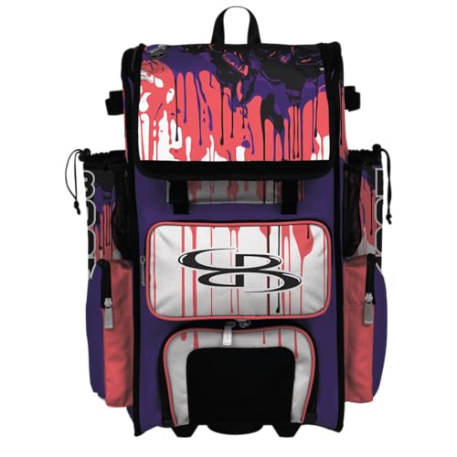 Boombah Superpack Hybrid Rolling Bat Bag - Wheeled & Backpack Version - Graffiti Drip - Multiple Color Options - color: Purple/Neon Coral/Black