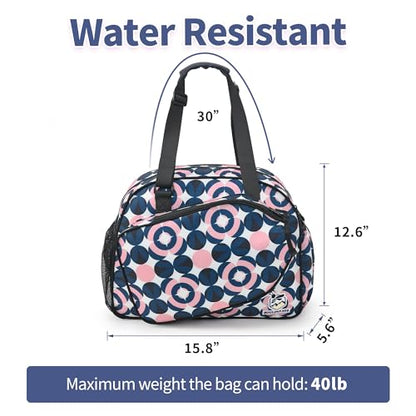 Boulder Bee Pickleball Bags, Premium Pickleball Tote Bag for Girls, Women’s Hand/Shoulder Gym Bag w Water Bottle Holder, with Pickleball Racquet/Paddle Holder - color: Pink and Blue Circle