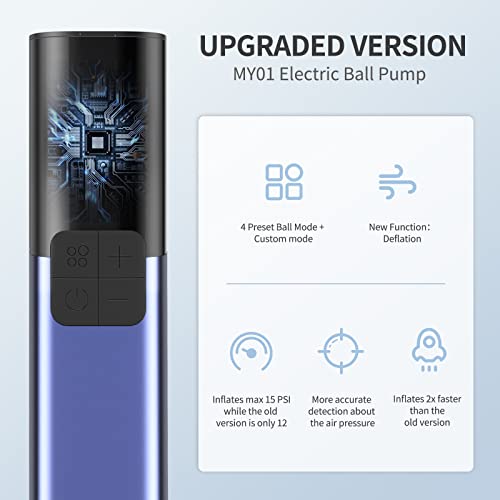 Pumteck MY01 Electric Ball Pump with Inflation & Deflation, Accurate Pressure Gauge and 4 Preset Modes, Automatic Ball Pump for Basketball, Soccer, Football and Volleyball (Max 15 PSI) - color: Blue-Purple