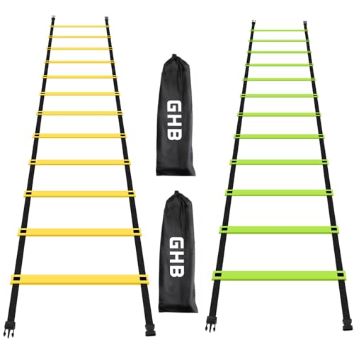 GHB Pro Agility Ladder 2 Pack Agility Training Ladder Speed 12 Rung 20ft with Carrying Bag (Yellow and Green)