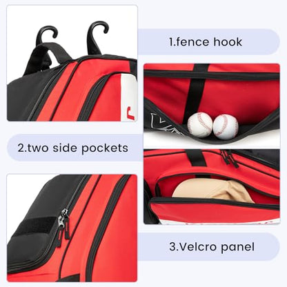 Catchers Gear Bag with Wheels for 4 Bats, Rolling Baseball Softball Bag With Multi-Pockets, Fence Hook, Holds All Baseball Equipment. - color: Red