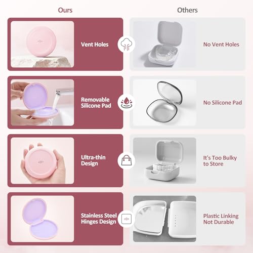 2 Pack Retainer Case Ultra-slim Aligner Case with Vent Holes Removable Inner Tray Silicone for Easy Cleaning (2Pack Pink Purple) - color: 2Pack Pink Purple