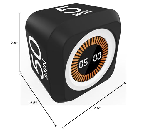 Rotating Cube Visual Pomodoro Timer 5, 25, 10 50 Minutes Preset + Custom Countdown, Rechargeable Desk Productivity Flip Timer with Detachable Silicone Cover for ADHD Study Work Kitchen School (Black) - color: Black
